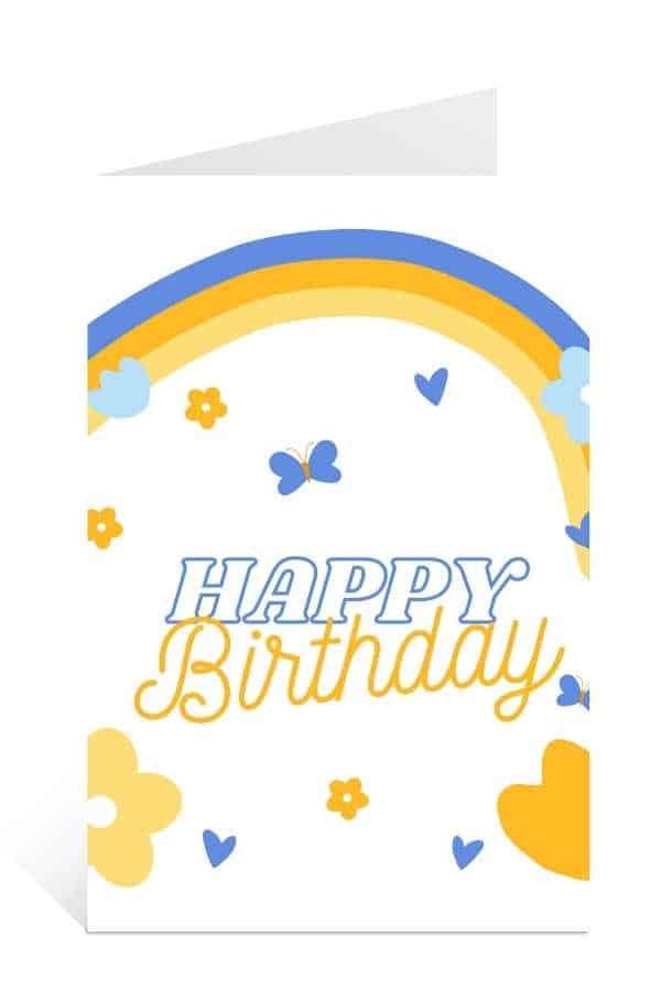 Free Birthday cards to print for kids with Rainbow and Butterflies