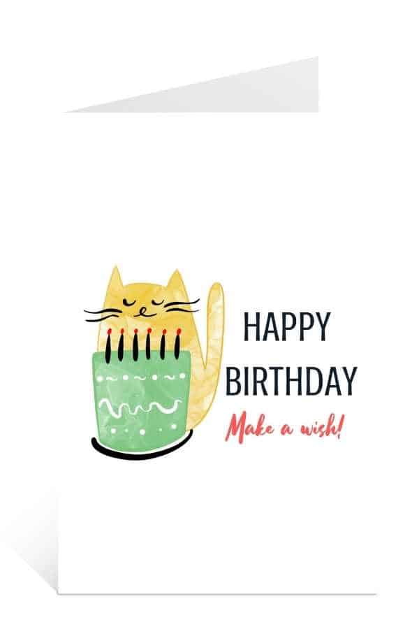 Free Birthday cards to print for kids with Cat Making a Wish