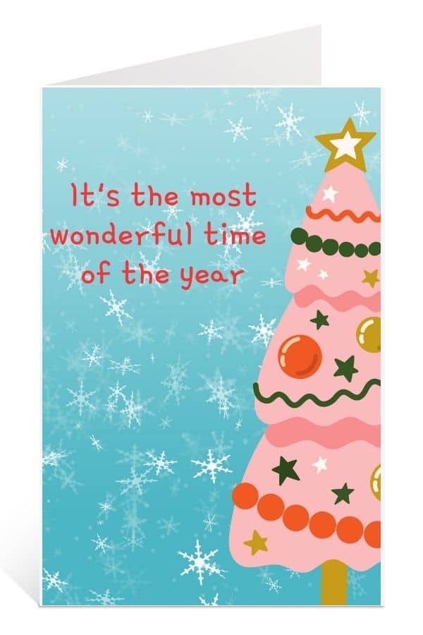 Printable Christmas Card to Download for Free: It's the most wonderful time of the year with Pink and Orange Christmas Tree
